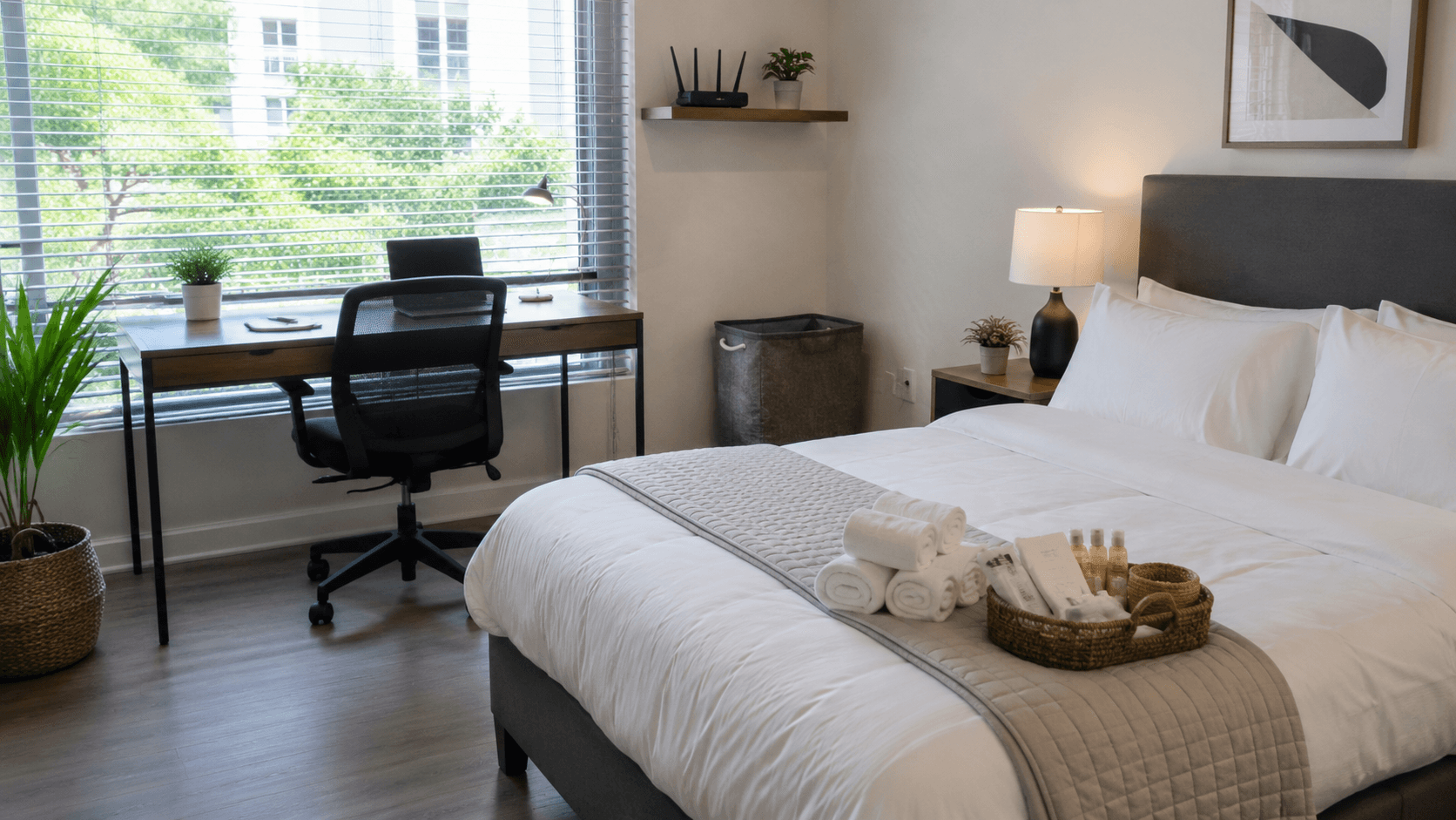 Dormitorio de alojamiento corporativo cuidadosamente preparado, con espacio de trabajo, ropa de cama limpia y equipamiento listo para la llegada de un equipo de proyecto