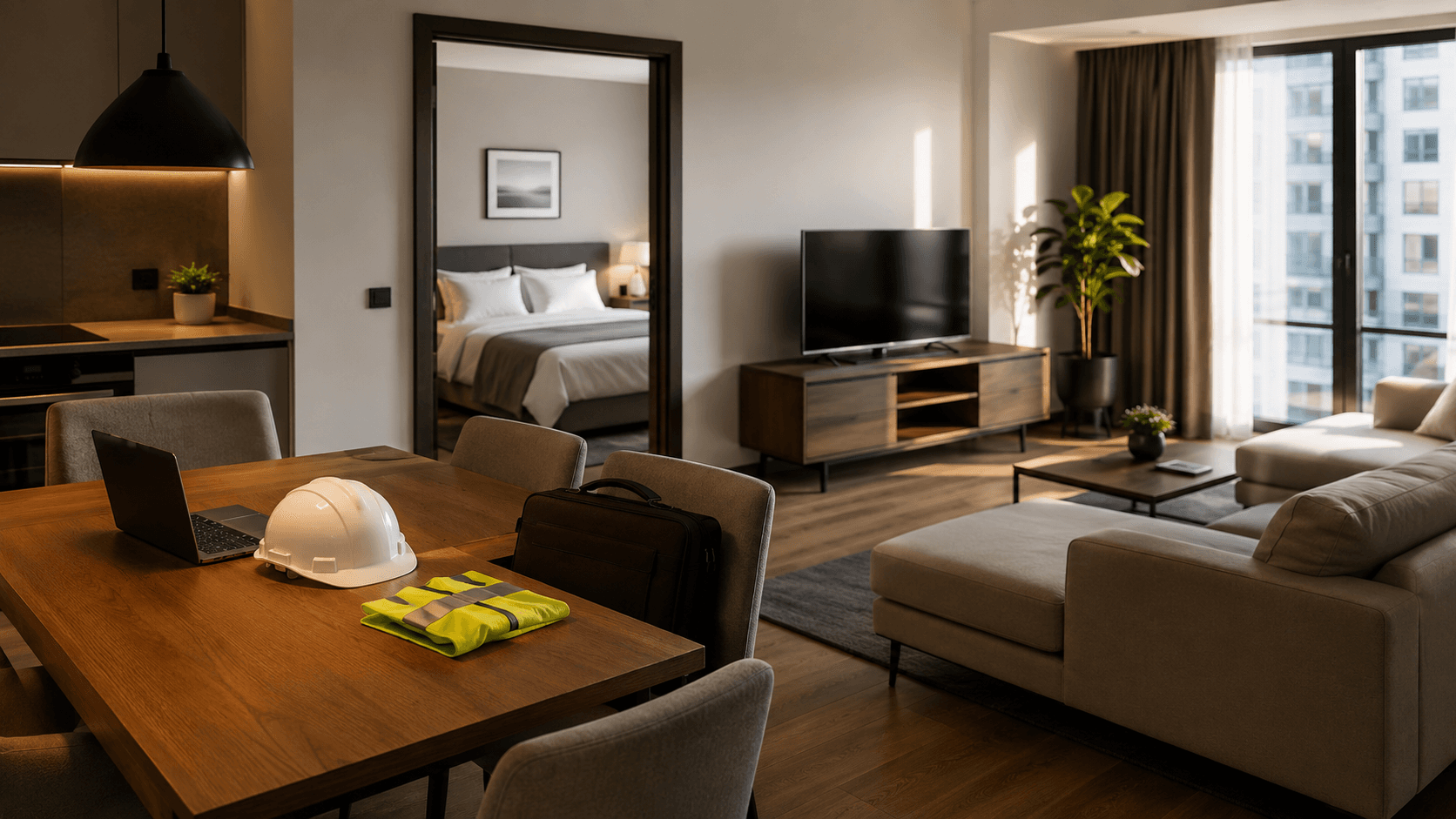 Apartamento corporativo amueblado con un casco y un portátil sobre la mesa del comedor, listo para un equipo de proyecto de construcción
