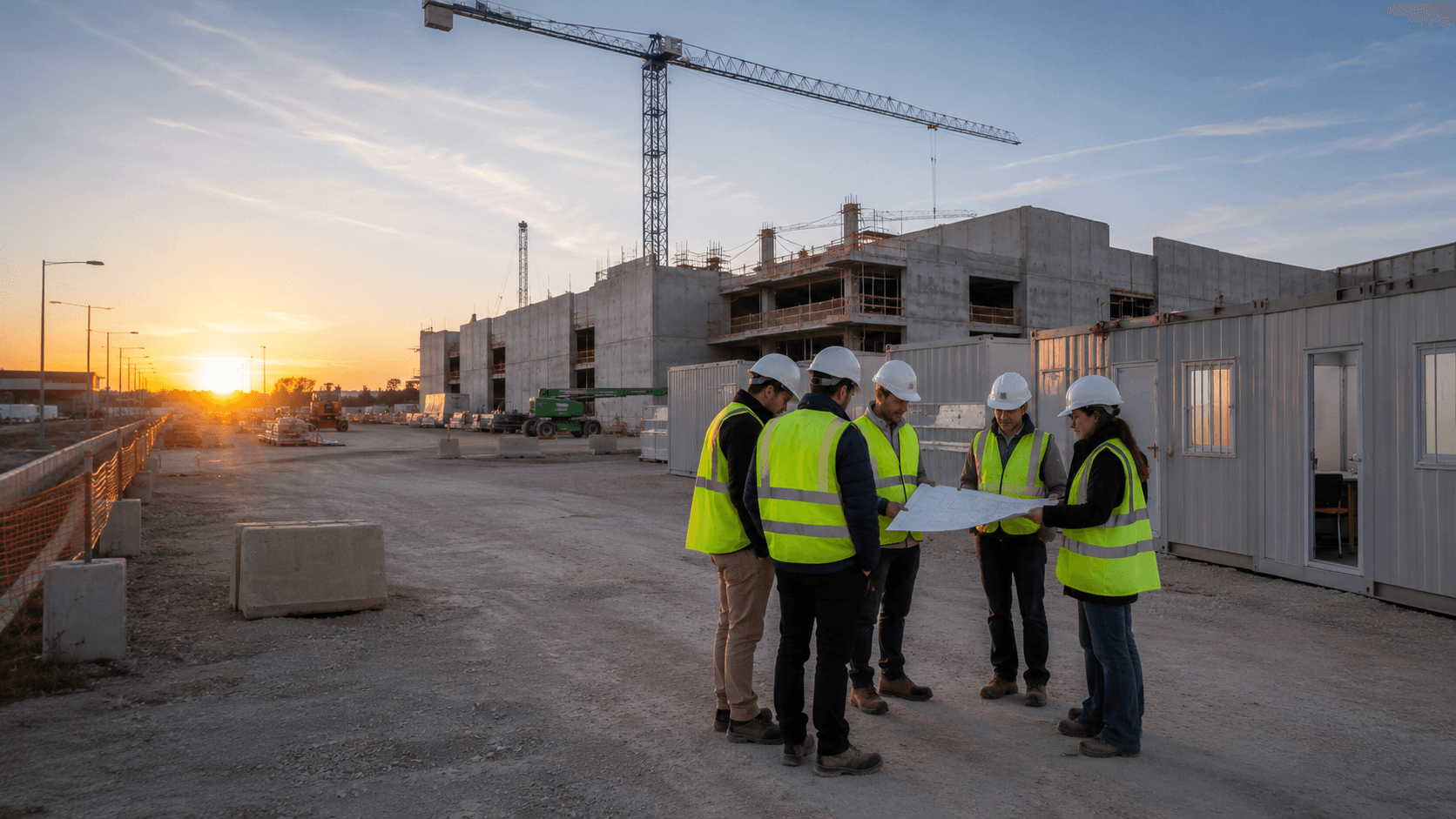 Un equipo de jefes de proyecto de construcción con chalecos de alta visibilidad revisando planos en una obra en España a la hora dorada