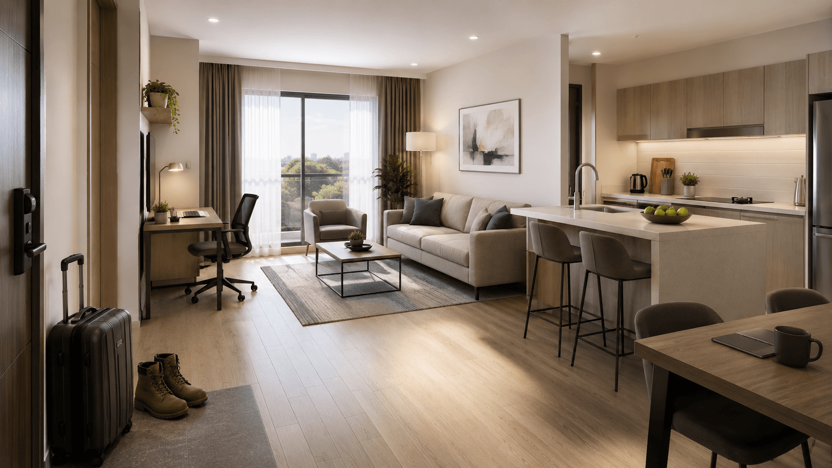 Move-in ready furnished apartment for a corporate project team, with luggage and work boots at the entrance